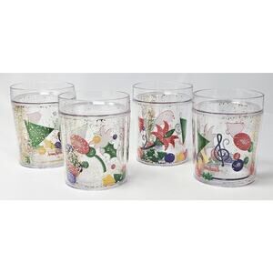 4 Neiman Marcus Holiday Thermo Serve Acrylic Old Fashion Glasses w/Floating Glit